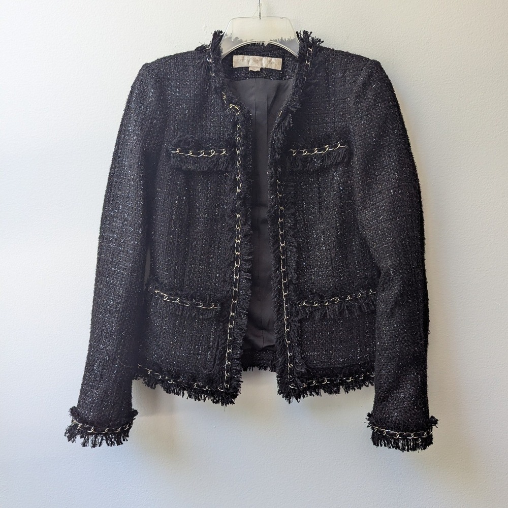 Boucle Tweed Lady Jacket Black Silver Metallic Chain Fringe Trim Wool Sz 4 Chic